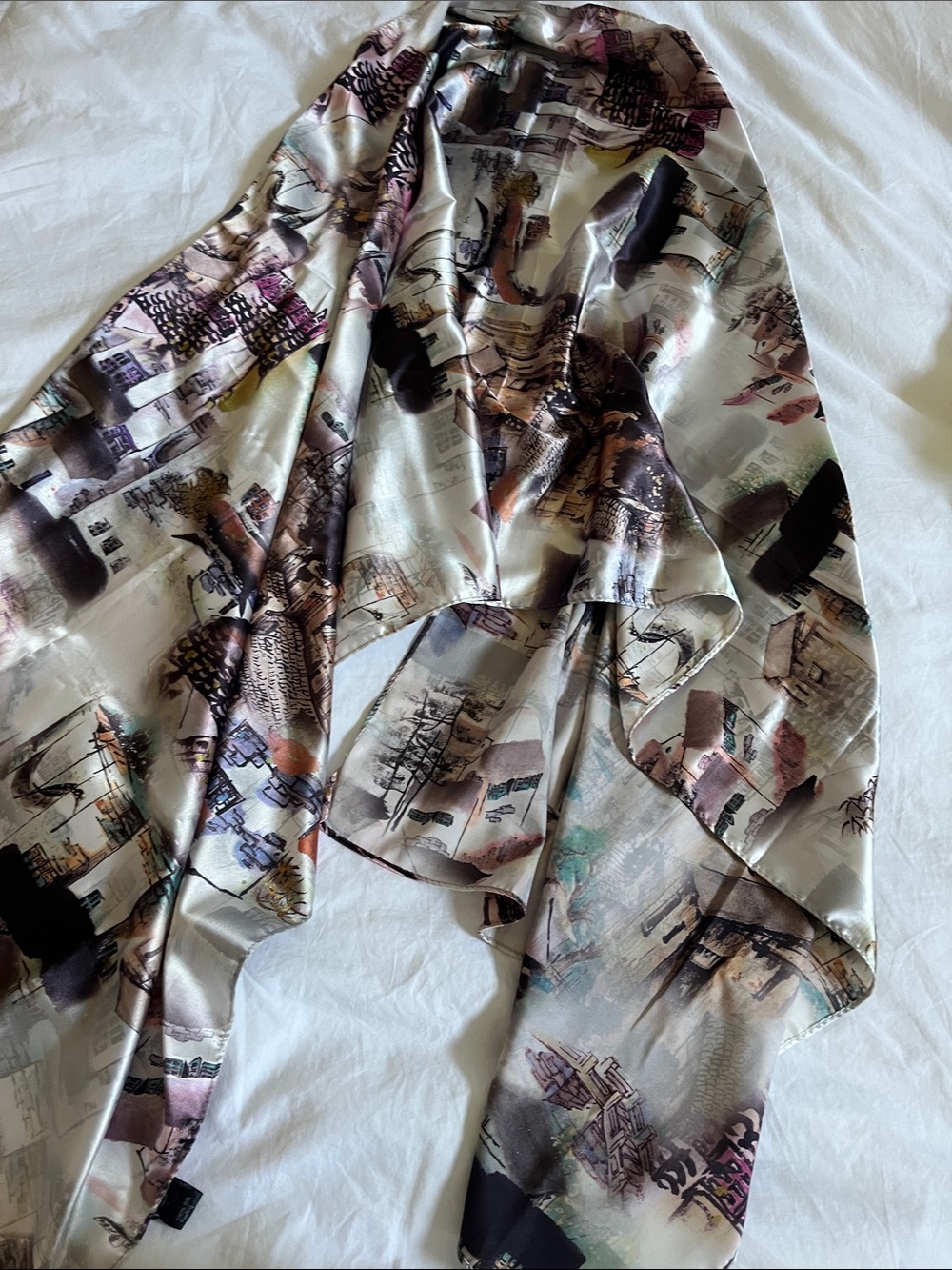 Asian print colorful long wide scarf accessory